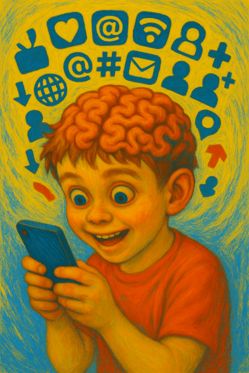 A imagem apresenta um jovem com feições infantis com olhos bem abertos olhando para a tela de um smartphone que segura com as duas mãos, com o cérebro exposto sobre os cabelos castanhos e cercado por uma explosão visual de informações digitais. Elementos abstratos e vibrantes sugerem sobrecarga cognitiva, enquanto sua expressão transmite imersão intensa no fluxo de dados, representando o impacto da tecnologia no pensamento crítico.