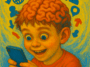 A imagem apresenta um jovem com feições infantis com olhos bem abertos olhando para a tela de um smartphone que segura com as duas mãos, com o cérebro exposto sobre os cabelos castanhos e cercado por uma explosão visual de informações digitais. Elementos abstratos e vibrantes sugerem sobrecarga cognitiva, enquanto sua expressão transmite imersão intensa no fluxo de dados, representando o impacto da tecnologia no pensamento crítico.