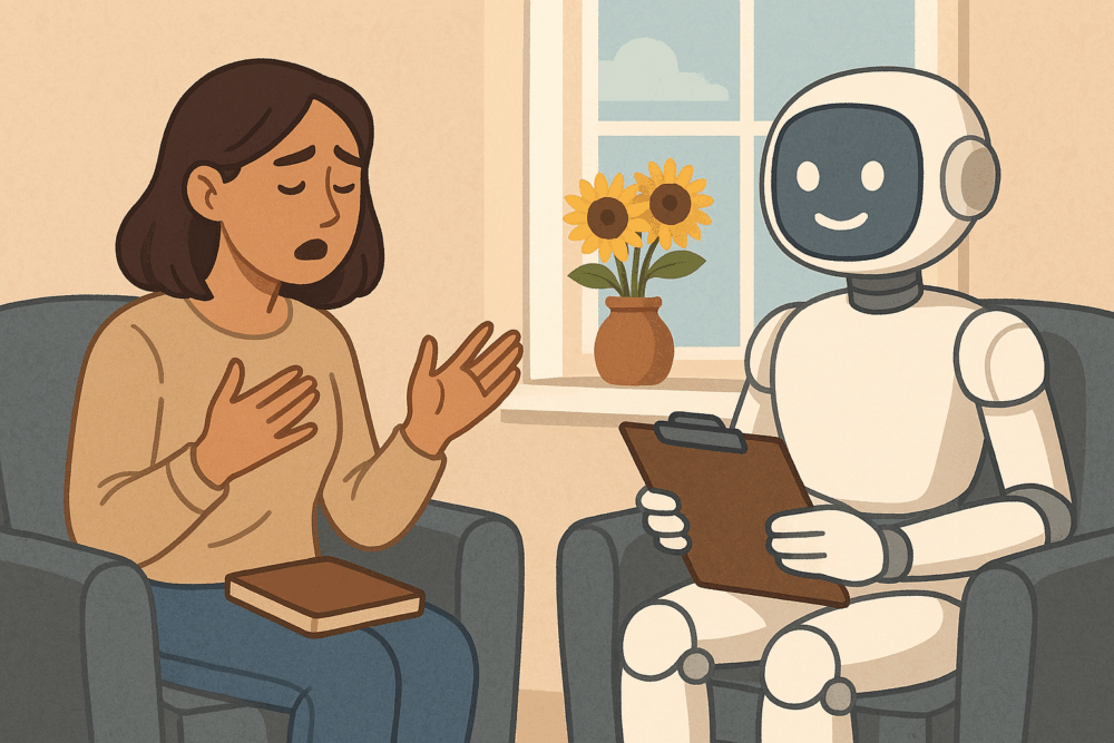 A imagem mostra uma pessoa sentada diante de uma interface digital em um ambiente semelhante a uma sala de terapia. A figura humana está posicionada de forma frontal à representação visual da inteligência artificial. Elementos do cenário incluem iluminação suave, mobília simples e presença de plantas, sugerindo um espaço funcional e organizado para interações clínicas.