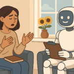 A imagem mostra uma pessoa sentada diante de uma interface digital em um ambiente semelhante a uma sala de terapia. A figura humana está posicionada de forma frontal à representação visual da inteligência artificial. Elementos do cenário incluem iluminação suave, mobília simples e presença de plantas, sugerindo um espaço funcional e organizado para interações clínicas.