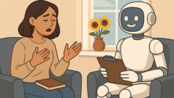 A imagem mostra uma pessoa sentada diante de uma interface digital em um ambiente semelhante a uma sala de terapia. A figura humana está posicionada de forma frontal à representação visual da inteligência artificial. Elementos do cenário incluem iluminação suave, mobília simples e presença de plantas, sugerindo um espaço funcional e organizado para interações clínicas.