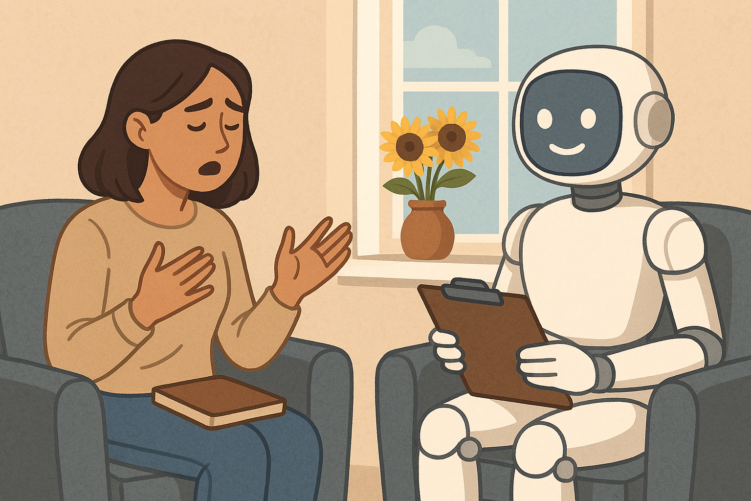 A imagem mostra uma pessoa sentada diante de uma interface digital em um ambiente semelhante a uma sala de terapia. A figura humana está posicionada de forma frontal à representação visual da inteligência artificial. Elementos do cenário incluem iluminação suave, mobília simples e presença de plantas, sugerindo um espaço funcional e organizado para interações clínicas.